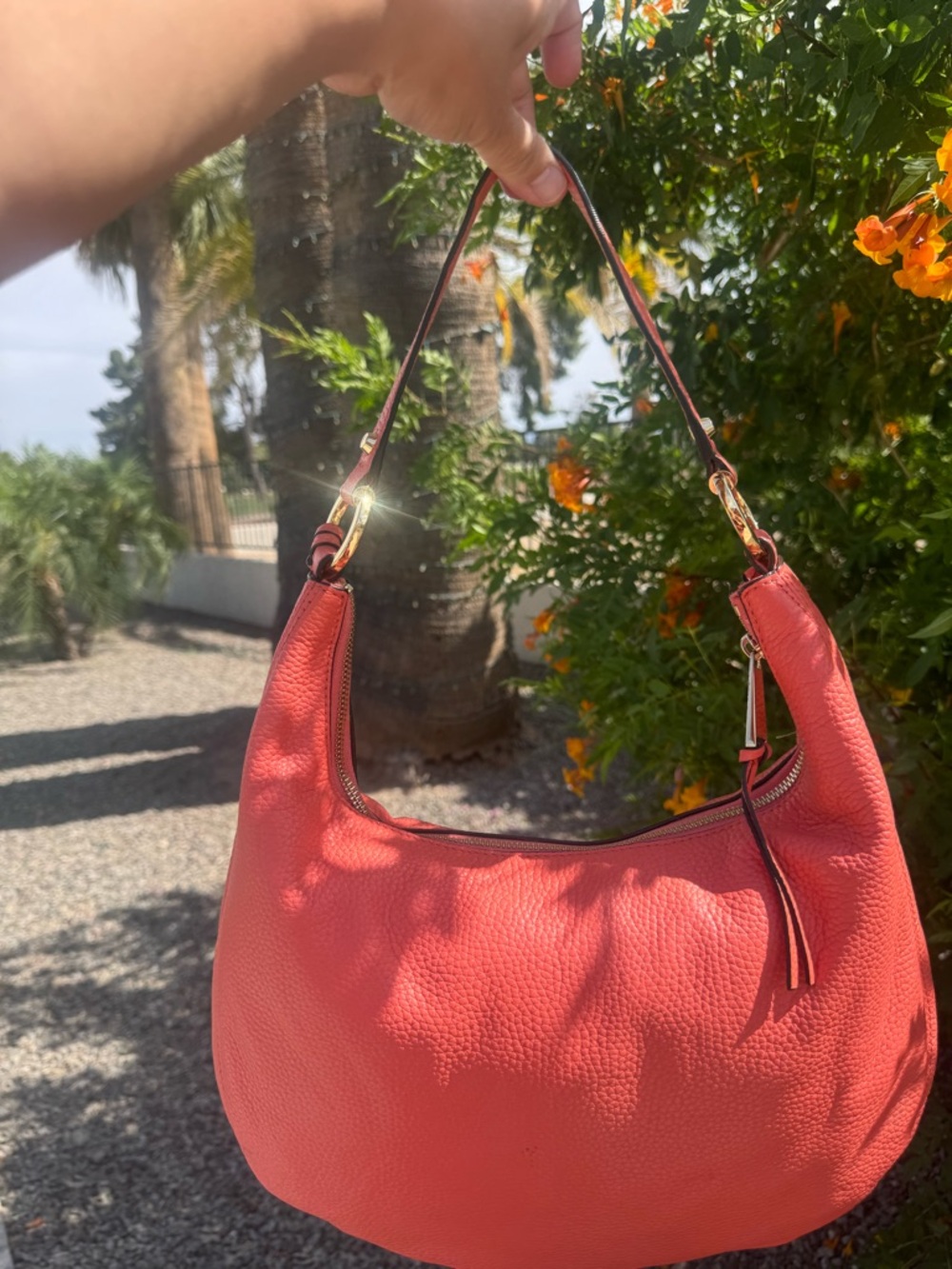 Michael Kors Rhea Coral Orange Pebbled Leather Hobo with Gold Hardware - Picture 13 of 15